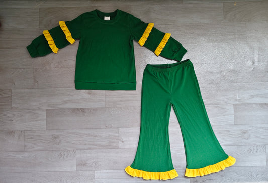 10.14 GLP4010 Preorder Kids Girls Green Cotton Top Pants Outfit with Yellow Ruffle