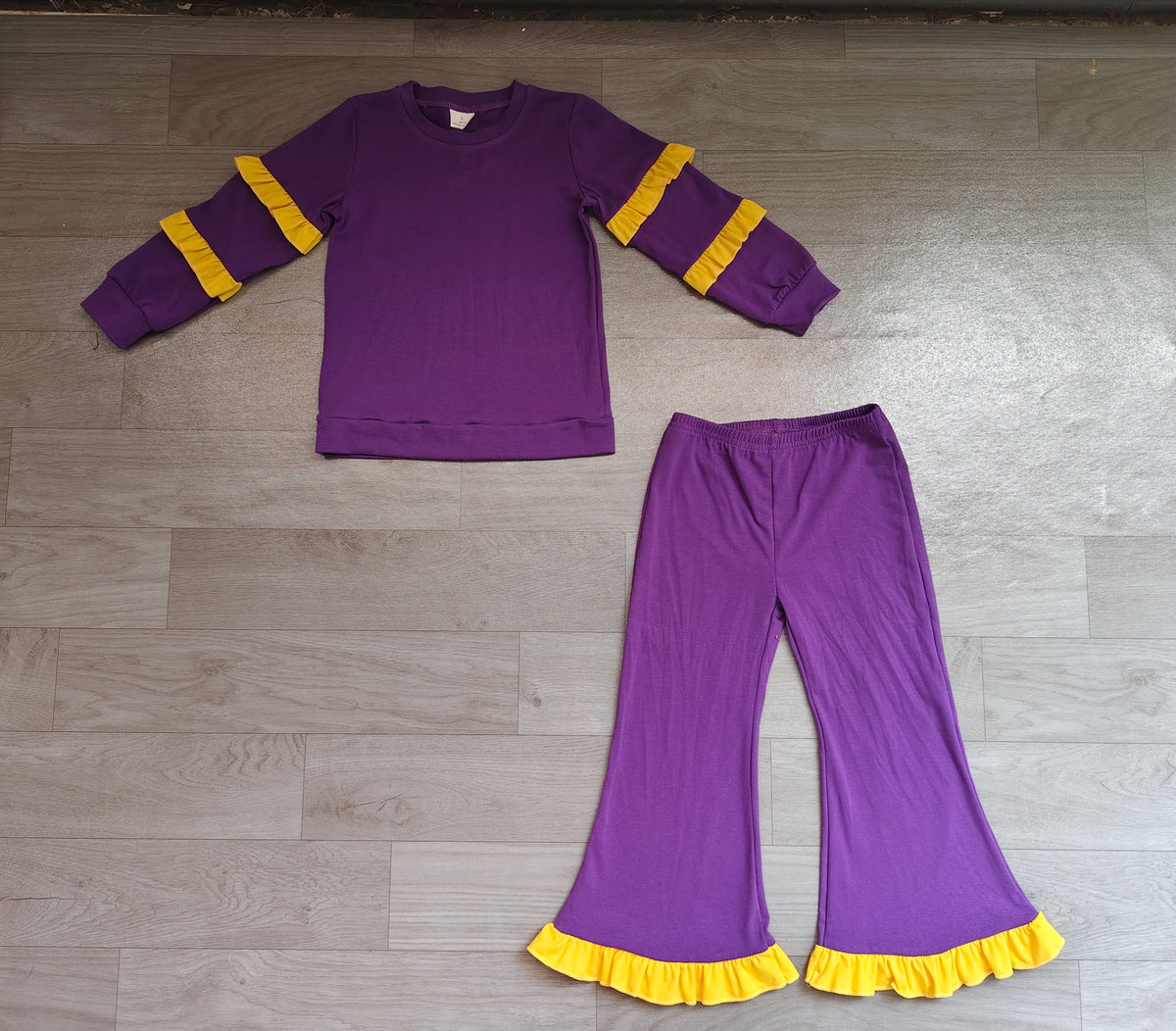 10.14 GLP4013 Preorder Kids Girls Purple Cotton Top Pants Outfit with Yellow Ruffle