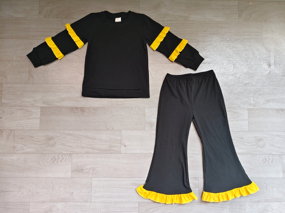 10.14 GLP4014 Preorder Kids Girls Black Cotton Top Pants Outfit with Yellow Ruffle