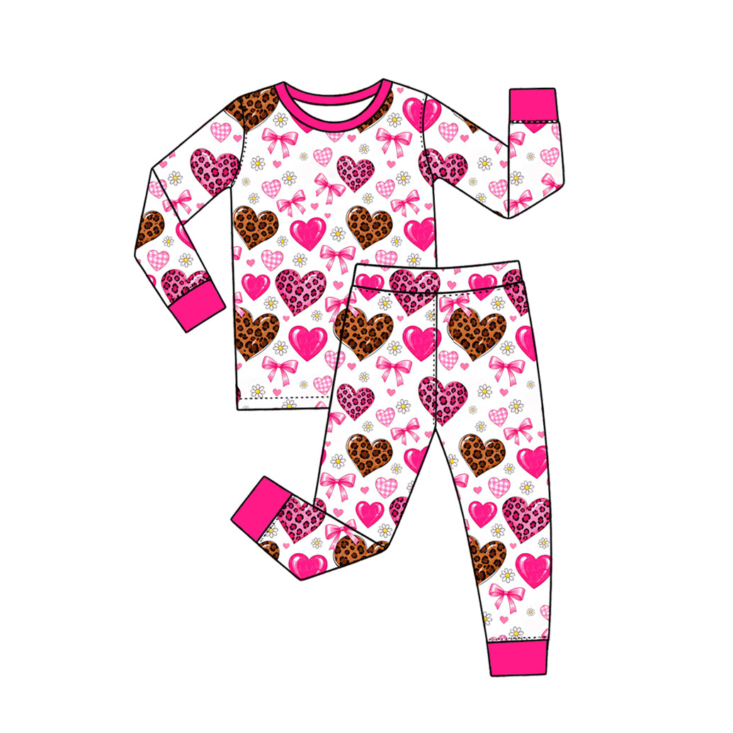 10.17 GLP4021 Preorder Leopard Hearts Bows Flowers Print Girls Valentine's Day Pajamas Clothes Set