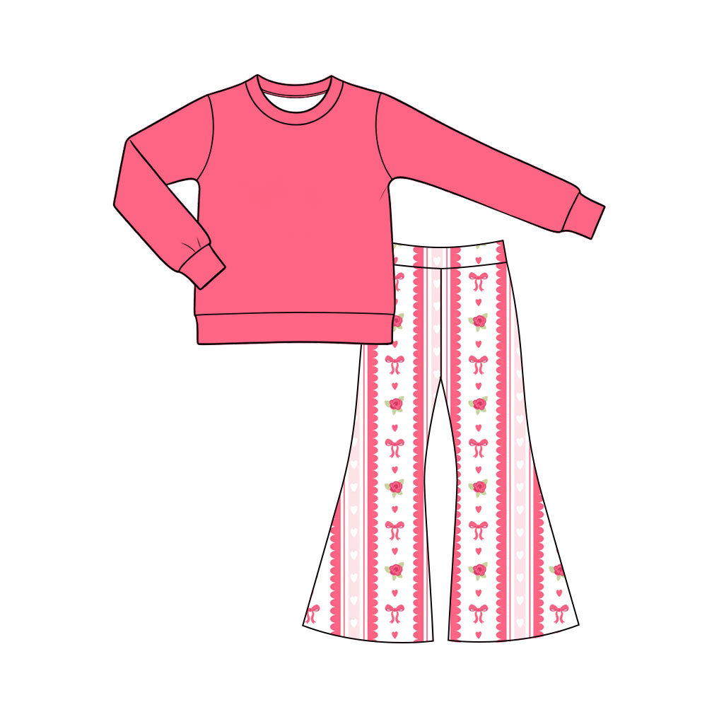 10.19 GLP4024 Preorder Hot Pink Top Rose Bows Heart Bell Pants Girls Valentine's Day Clothes Set