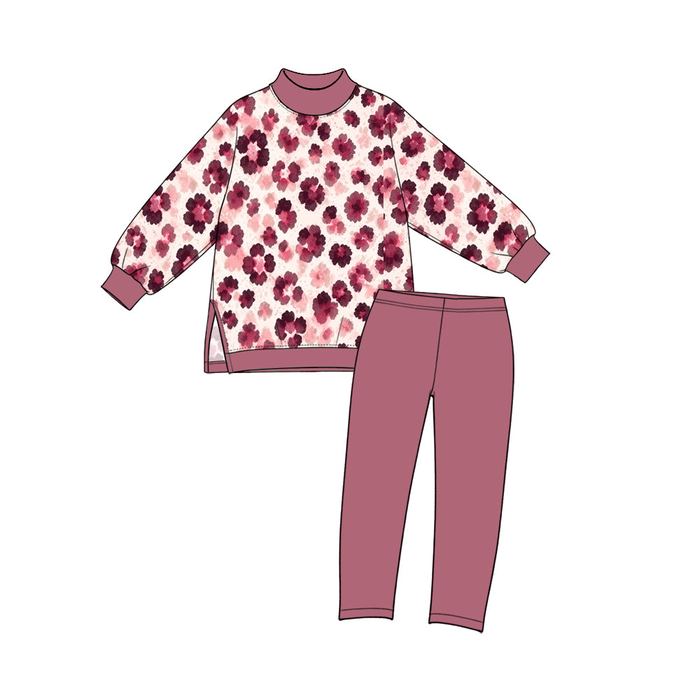 10.20 GLP4027 Preorder Wine Flowers Top Legging Pants Girls Yoga Clothes Set