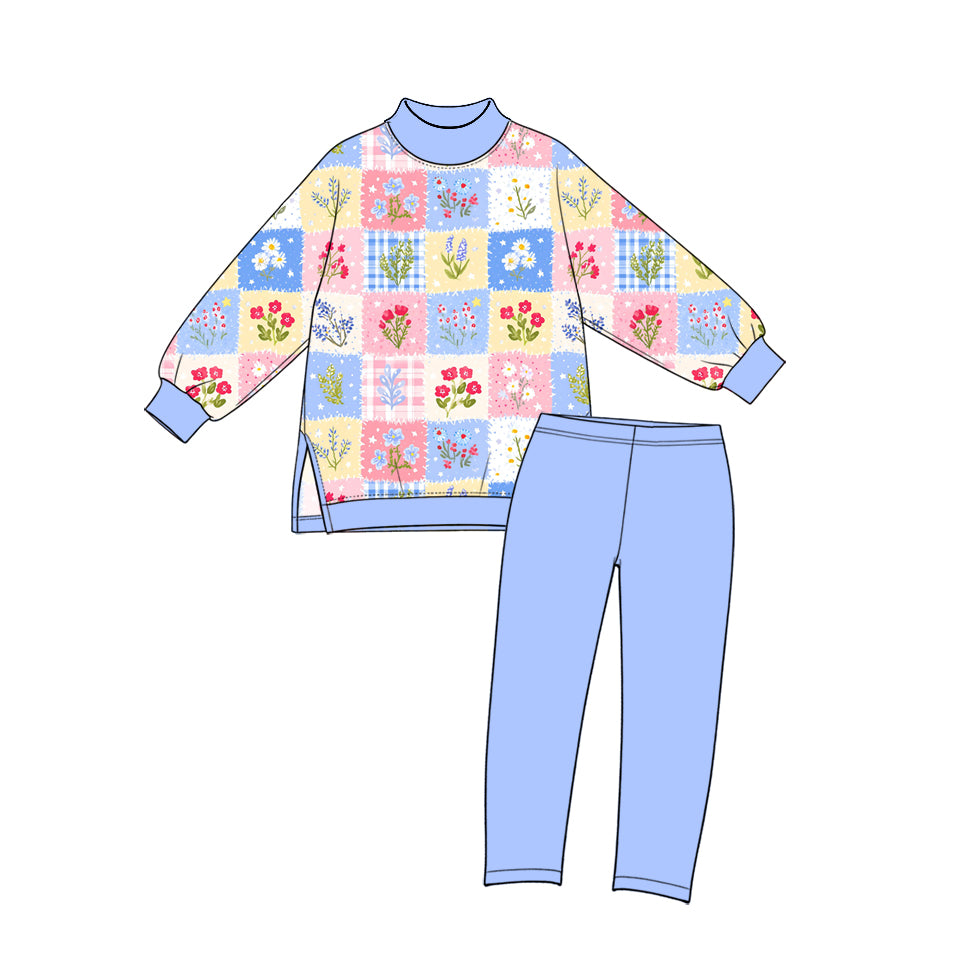 10.20 GLP4030 Preorder Colorful Flowers Checkered Top Legging Pants Girls Yoga Clothes Set
