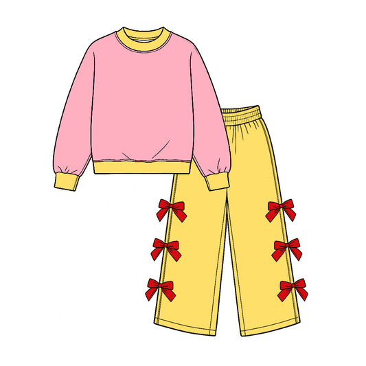 10.21 GLP4035 Pink Top Yellow Wide Leg Pants With Red Bows Girls Cartoon Princess Clothes Set