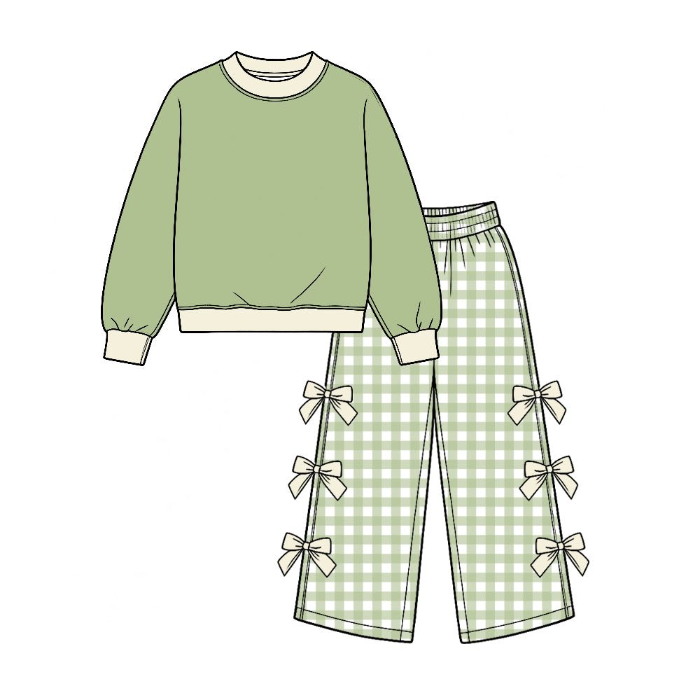 10.21 GLP4037 Green Top Checkered Wide Leg Pants With Bows Girls Cartoon Princess Clothes Set
