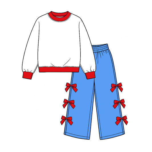 10.21 GLP4038 White Top Blue Wide Leg Pants With Red Bows Girls Cartoon Princess Clothes Set