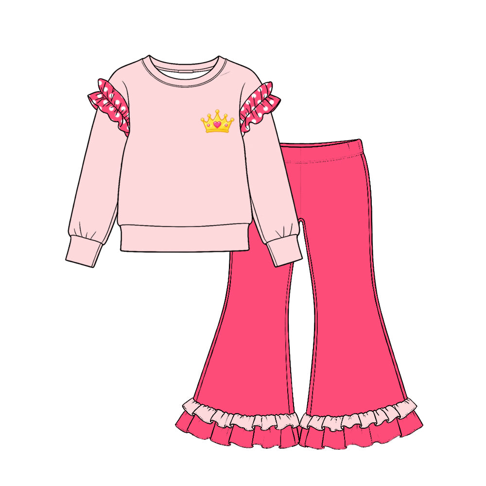 10.21 GLP4049 Crown Print Pink Top Hot Pink Bell Pants Girls Cartoon Princess Clothes Set