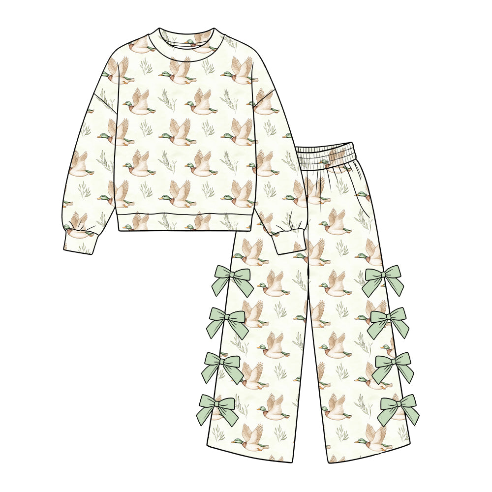 10.22 GLP4052 Preorder Toddler Girl Flying Duck Print Bow Wide Leg Pants 2Pcs Outfit Set