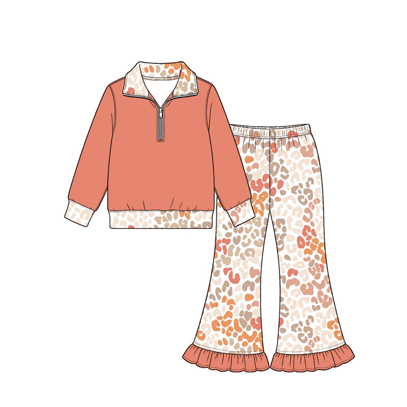 10.26 GLP4071 Preorder Kids Girls Orange Pullover  Leopard Flare Pants Outfit