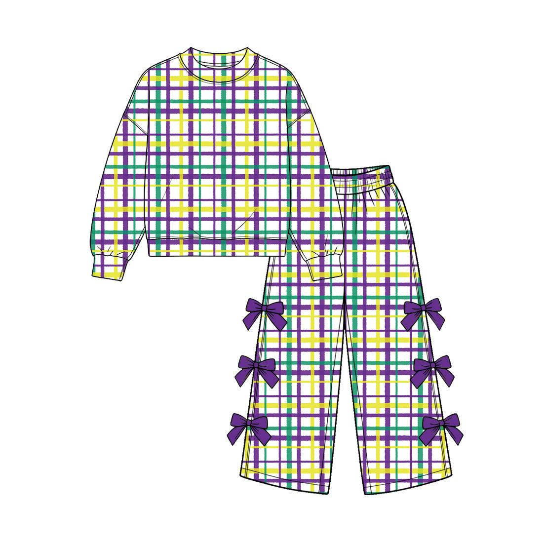 10.27 GLP4078 Preorder Kids Girls mardi Gras Plaid Wide Leg Pants Outfit