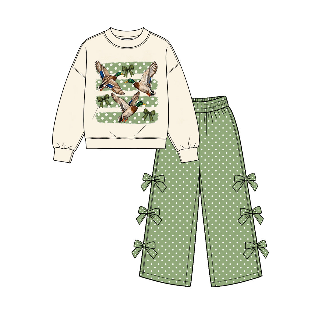 10.29 GLP4087 Preorder Duck Top Green Dots Bows Pants Girls Clothes Set