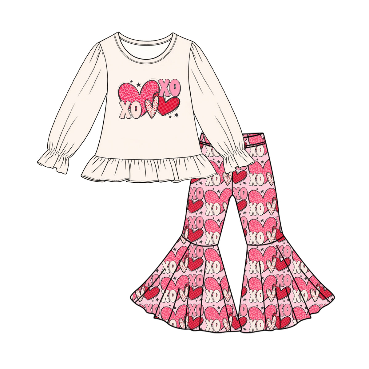 10.29 GLP4098 Preorder Kids Girls Valentine's Day XOXO Bell Bottom Pants Outfit