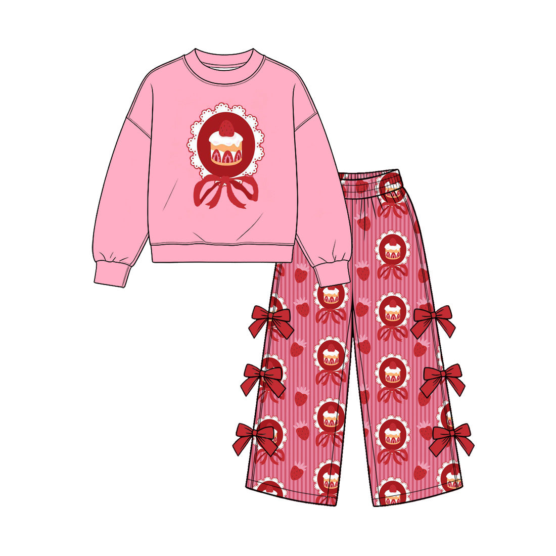 10.30 GLP4105 Preorder Cake Pink Top Bows Stripes Pants Girls Valentine's Day Clothes Set