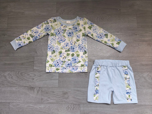 GLS0013 Preorder Floral Long Sleeve Top Ruffle Shorts Girls Clothes Set
