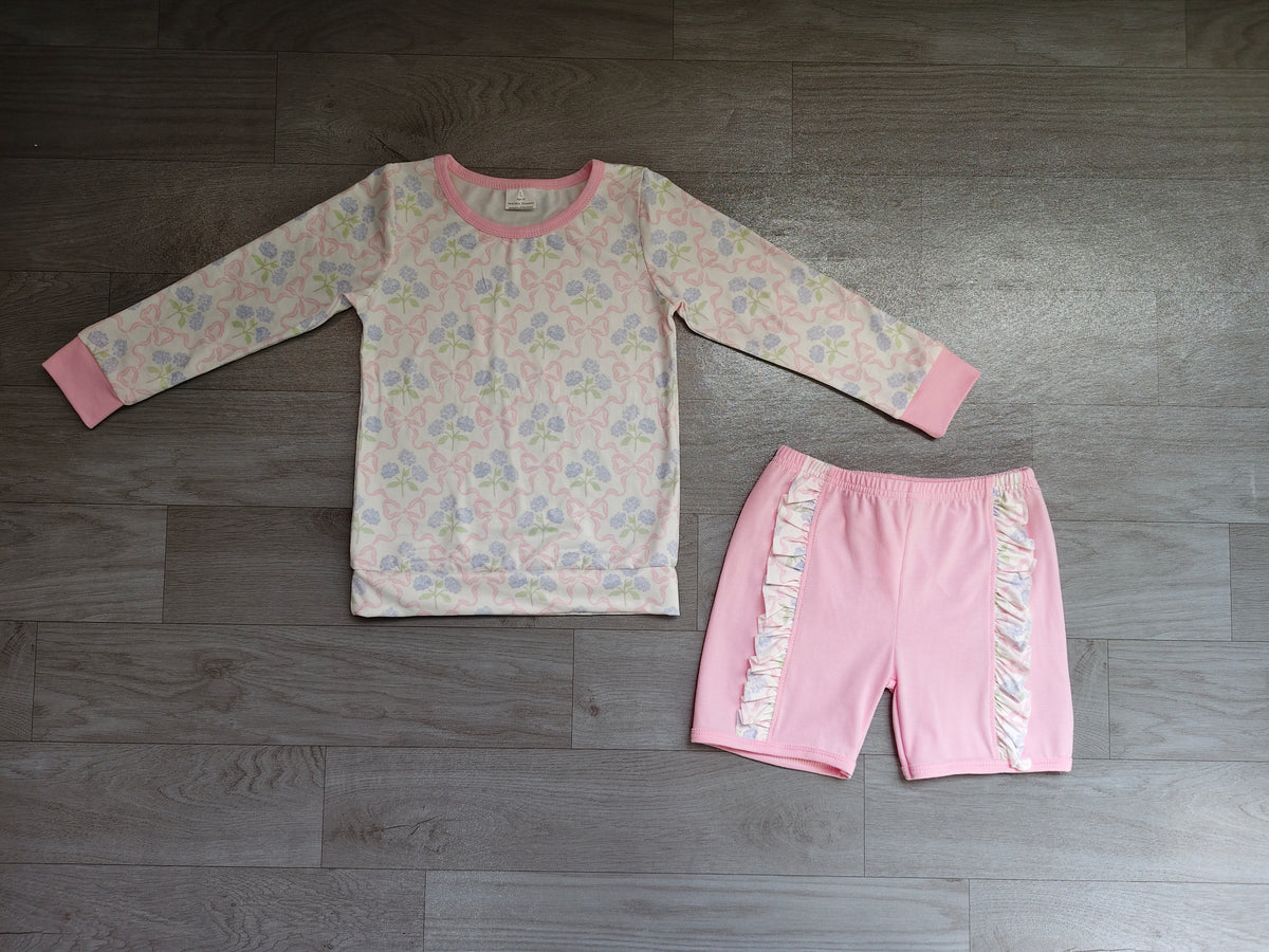 GLS0014 Preorder Pink Floral Bows Long Sleeve Top Ruffle Shorts Girls Clothes Set