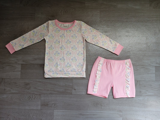 GLS0014 Preorder Pink Floral Bows Long Sleeve Top Ruffle Shorts Girls Clothes Set