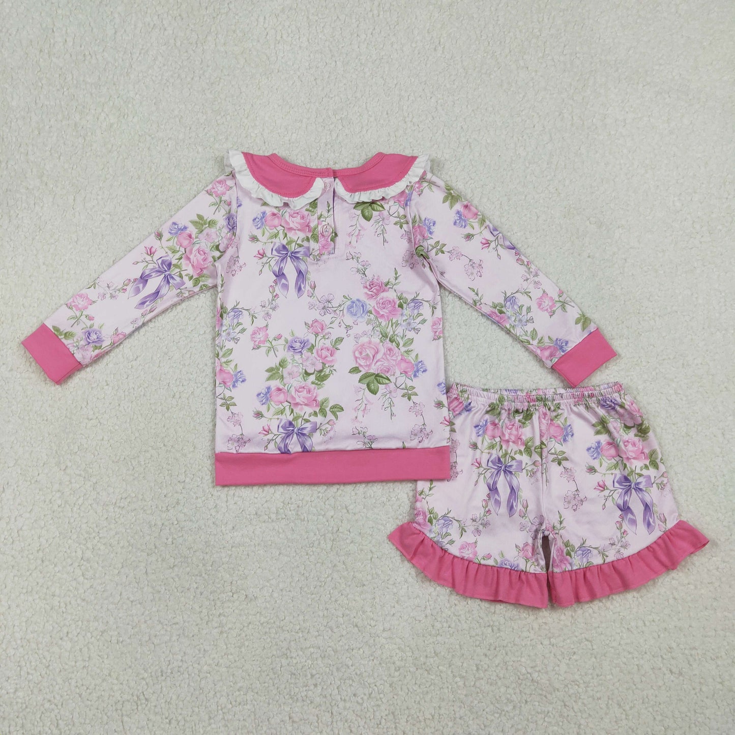 Sibling Baby Girls Long Sleeve Pink Flowers Collar Top Ruffle Skirt Shorts Clothes Sets