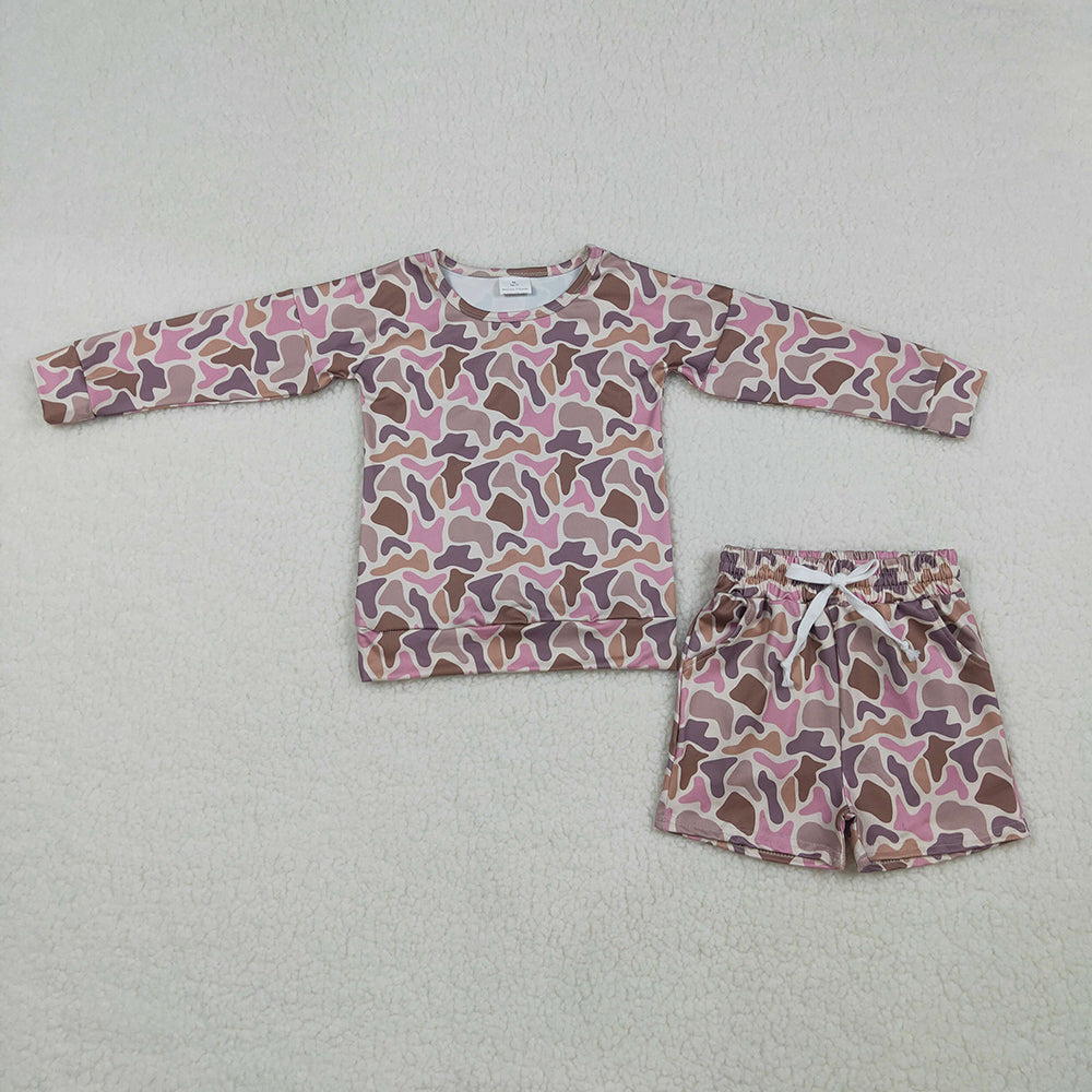GLS0091 Pink Brown Camo Long Sleeve Top Pockets Shorts Girls Clothes Set