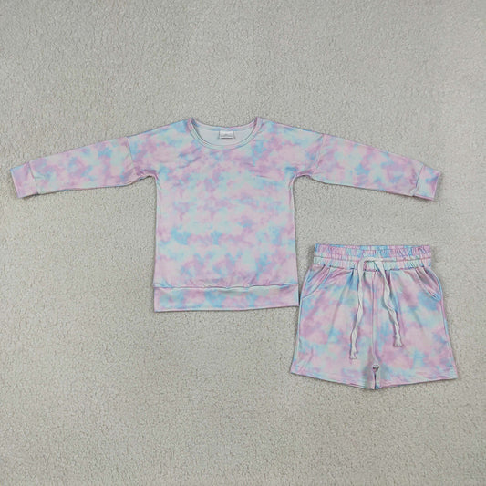 GLS0094 Girls’ Blue & Purple Tie-Dye Long Sleeve Top & Shorts Set