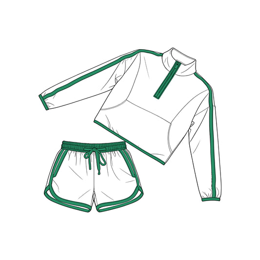 3.25 GLS0096 Baby Girls Long Sleeve Green Pockets Zip Pullover Top Short Clothes Set Preorder