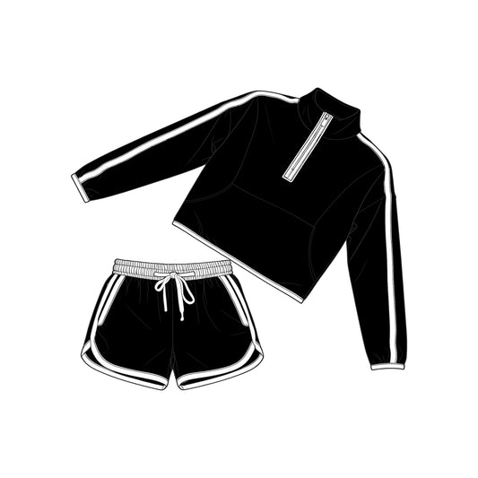 3.25 GLS0098 Baby Girls Long Sleeve Black Pockets Zip Pullover Top Short Clothes Set Preorder