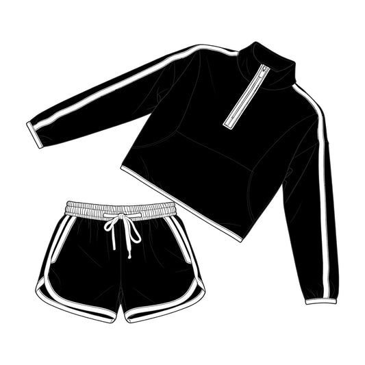 A3.26 dult Women Black Pocket Zip Pullover Top Shorts Clothes Set Preorder