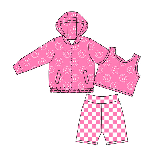 4.23 Girls Pink Smiley Face 3-Piece Outfit - Hooded Jacket, Crop Tank & Checkerboard Shorts Set Preorder