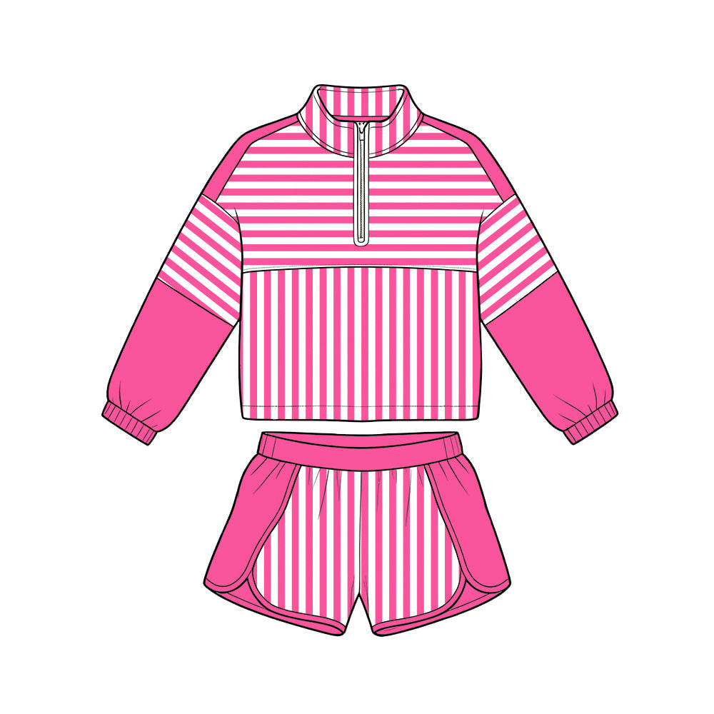 6.19 GLS0106 Preorder Hot Pink Stripes Print Zipper Top Shorts Girls Yoga Clothes Set