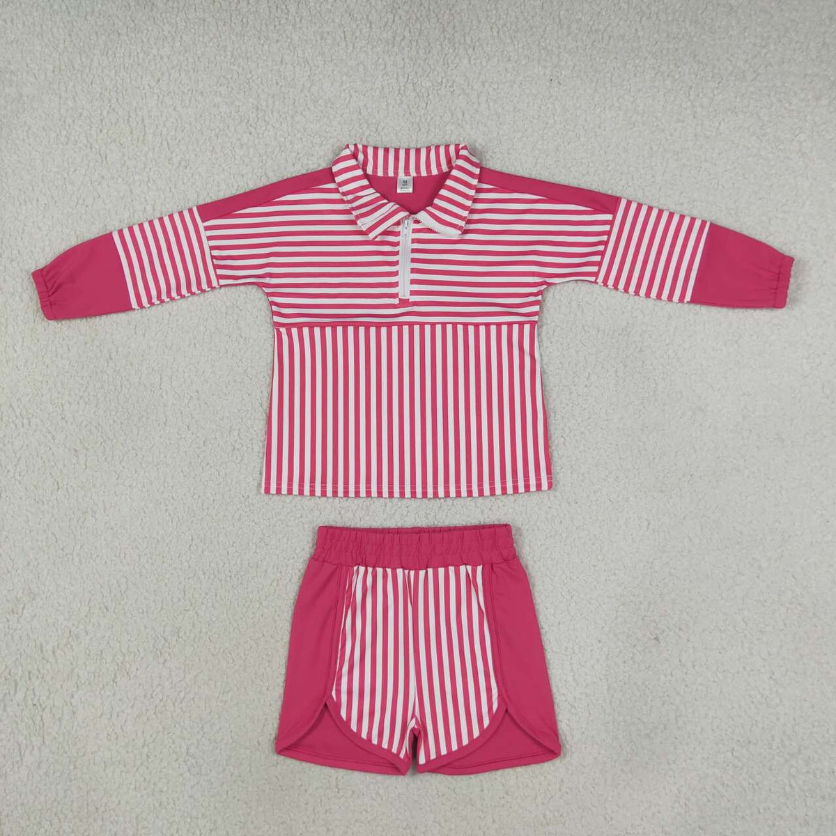 GLS0106 Hot Pink Stripes Print Zipper Top Shorts Girls Yoga Clothes Set