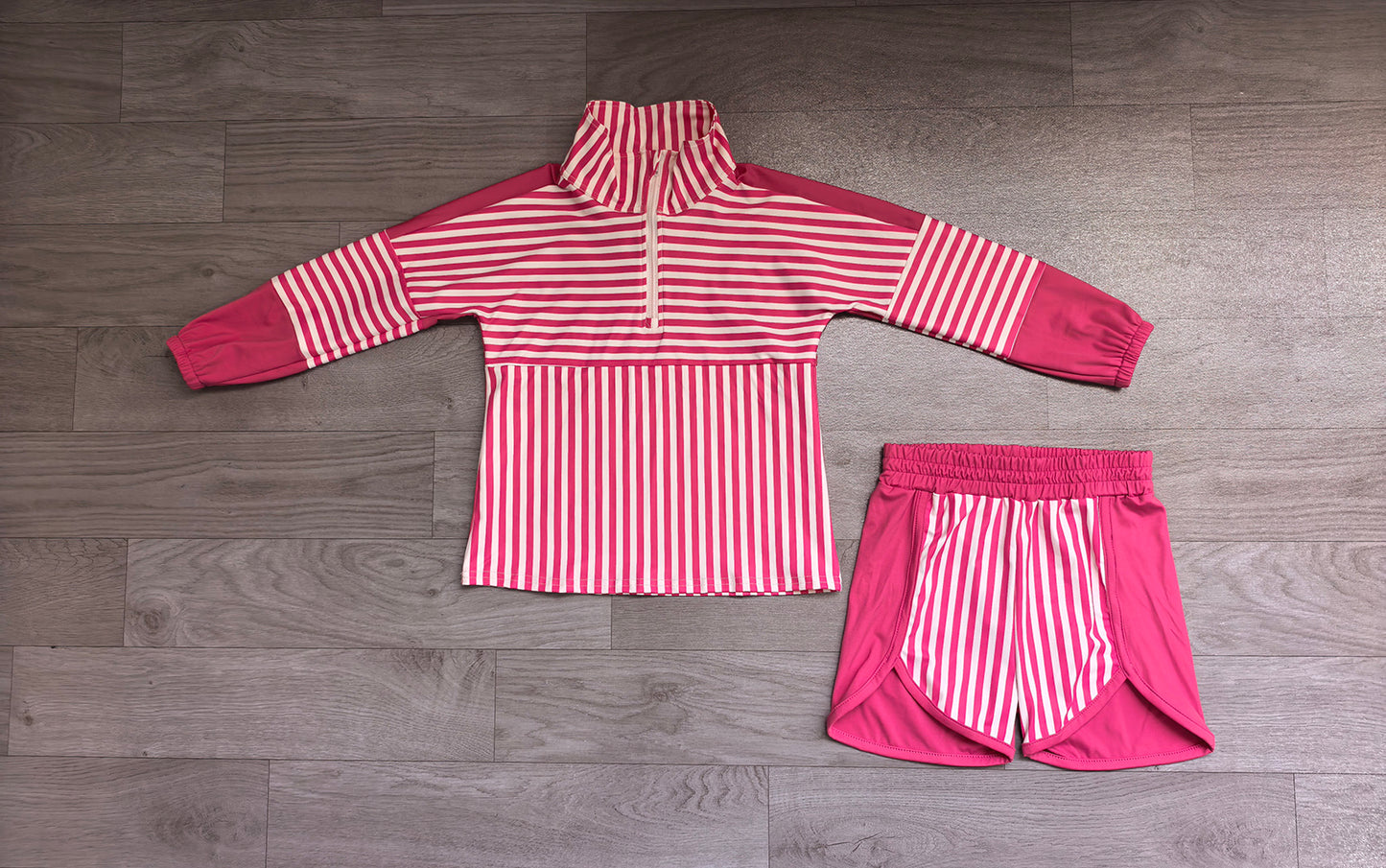 6.19 GLS0106 Preorder Hot Pink Stripes Print Zipper Top Shorts Girls Yoga Clothes Set