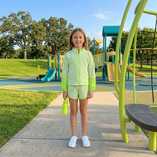 Green Stripes Print Zipper Top Shorts Girls Yoga Clothes Set