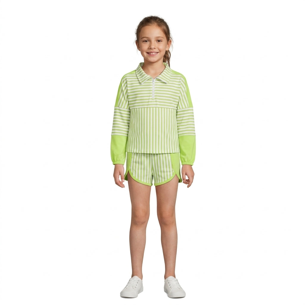 Green Stripes Print Zipper Top Shorts Girls Yoga Clothes Set