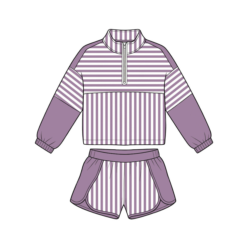 6.19 GLS0110 Preorder Purple Stripes Print Zipper Top Shorts Girls Yoga Clothes Set