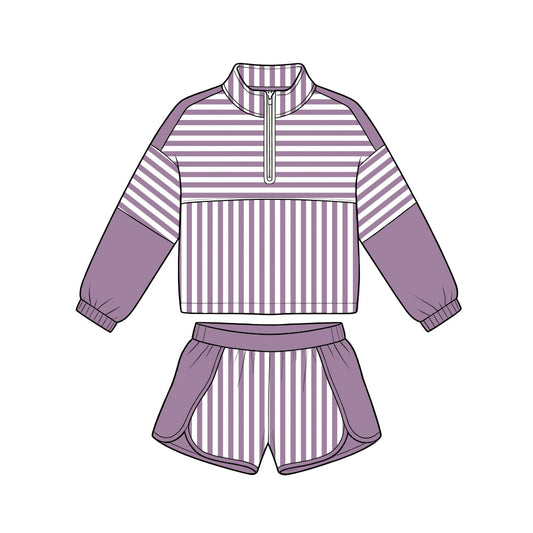 6.19 GLS0110 Preorder Purple Stripes Print Zipper Top Shorts Girls Yoga Clothes Set