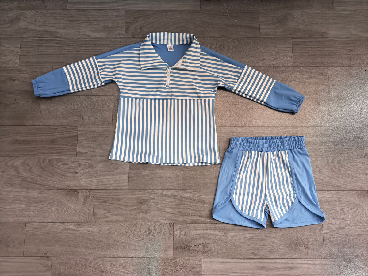 6.19 GLS0111 Preorder Blue Stripes Print Zipper Top Shorts Girls Yoga Clothes Set