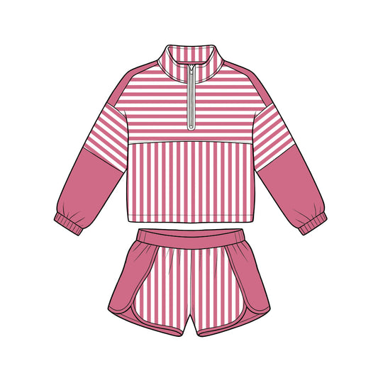6.19 GLS0112 Preorder Dark Pink Stripes Print Zipper Top Shorts Girls Yoga Clothes Set
