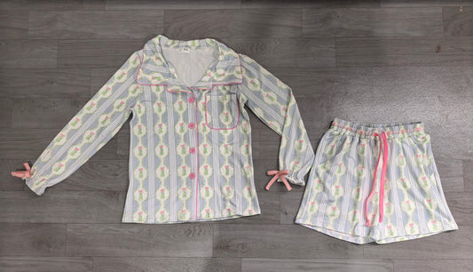6.19 GLS0114 Preorder Christmas Tree Blue Long Sleeve Top Pockets Shorts Woman Pajamas Clothes Set