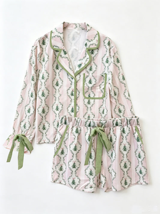 6.19 GLS0115 Preorder Christmas Tree Pink Long Sleeve Top Pockets Shorts Woman Pajamas Clothes Set