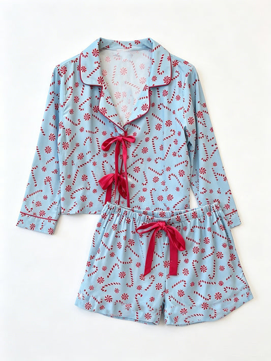 6.19 GLS0116 Preorder Candy Cane Blue Long Sleeve Top Pockets Shorts Woman Christmas Pajamas Clothes Set