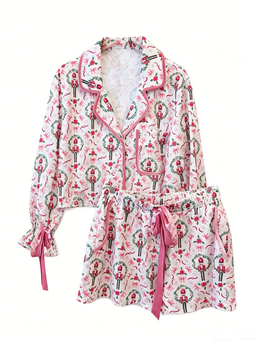 6.19 GLS0117 Preorder Soldier Holly Pink Long Sleeve Top Pockets Shorts Woman Christmas Pajamas Clothes Set