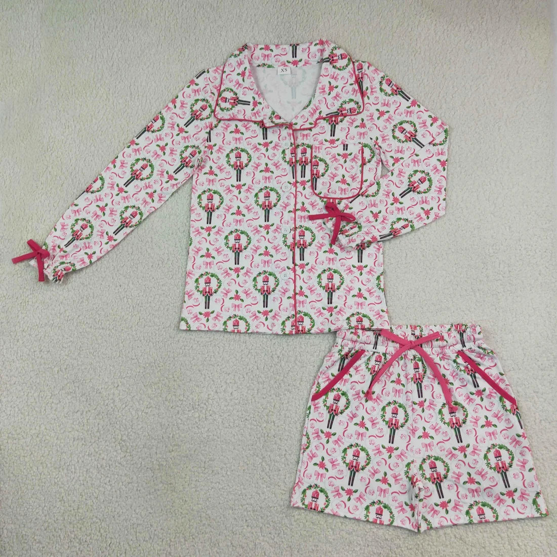 Mommy and Me Holly Soldiers Bows Button Pocket Long Sleeves Short Pajamas Sets