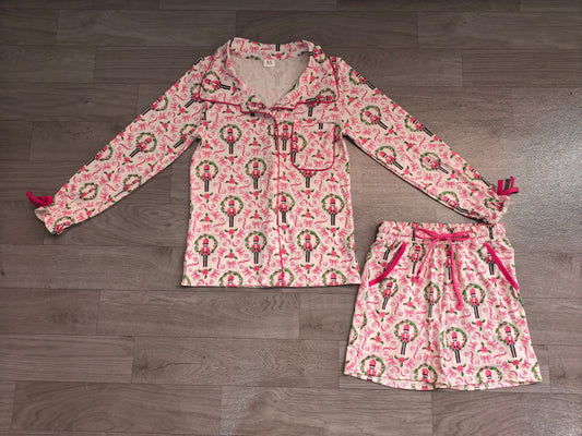 6.19 GLS0117 Preorder Soldier Holly Pink Long Sleeve Top Pockets Shorts Woman Christmas Pajamas Clothes Set