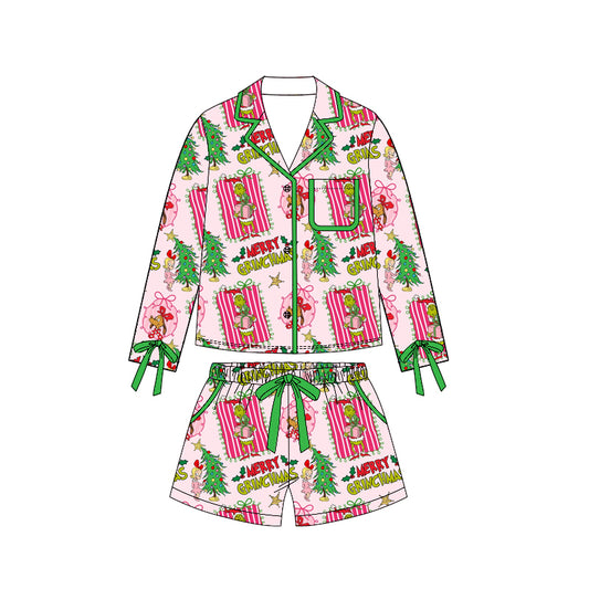 6.24 GLS0119 Preorder Green Frog Holly Long Sleeve Top Pockets Shorts Woman Christmas Pajamas Clothes Set