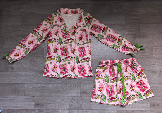 6.24 GLS0119 Preorder Green Frog Holly Long Sleeve Top Pockets Shorts Woman Christmas Pajamas Clothes Set