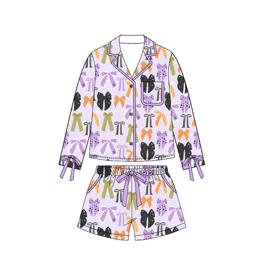 6.24 GLS0120 Preorder Purple Bows Long Sleeve Top Pockets Shorts Woman Halloween Pajamas Clothes Set