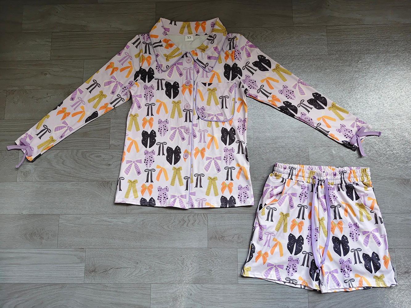 6.24 GLS0120 Preorder Purple Bows Long Sleeve Top Pockets Shorts Woman Halloween Pajamas Clothes Set