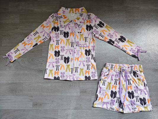 6.24 GLS0120 Preorder Purple Bows Long Sleeve Top Pockets Shorts Woman Halloween Pajamas Clothes Set