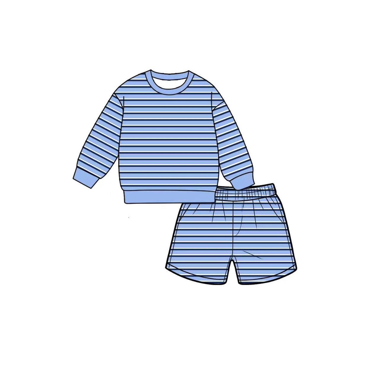 7.6 Preorder GLS0123 Kids Girls Blue  Striped Long Sleeve Top with Shorts Outfit