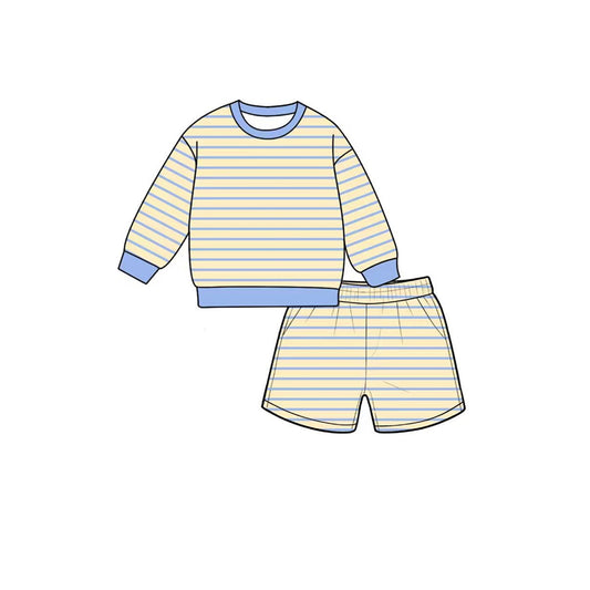 7.6 Preorder GLS0124 Kids Girls Blue Striped Long Sleeve Top with Shorts Outfit