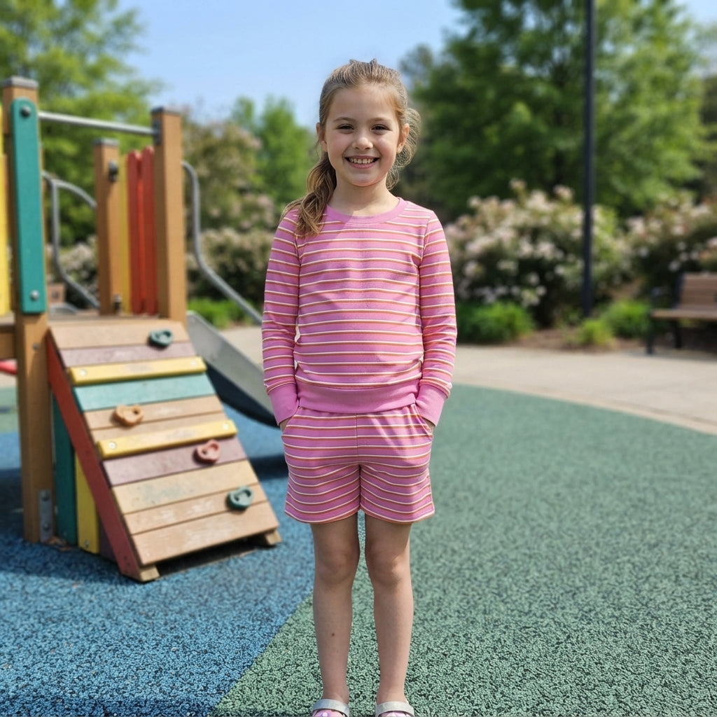 GLS0126 Pink Striped Girls Long Sleeve Top Pockets Shorts Yoga Outfits